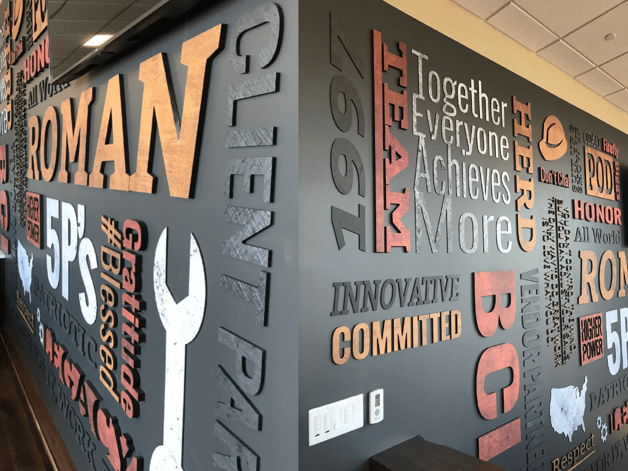 An interior wall with a collage of raised letters and symbols in various fonts and colors spelling out motivational words and phrases, such as 