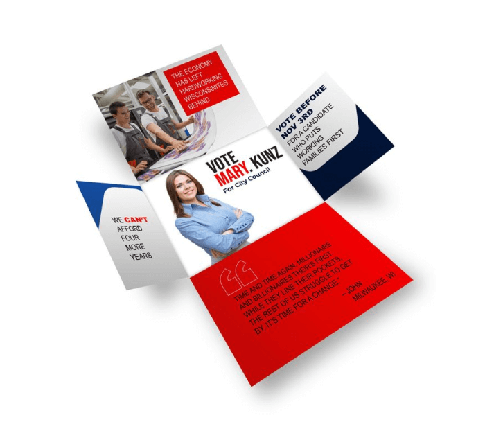 A tri-fold brochure promoting Mary Kunzi for City Council, displaying slogans, a photo of the candidate, and a statement attributed to her advocating for working families and change.